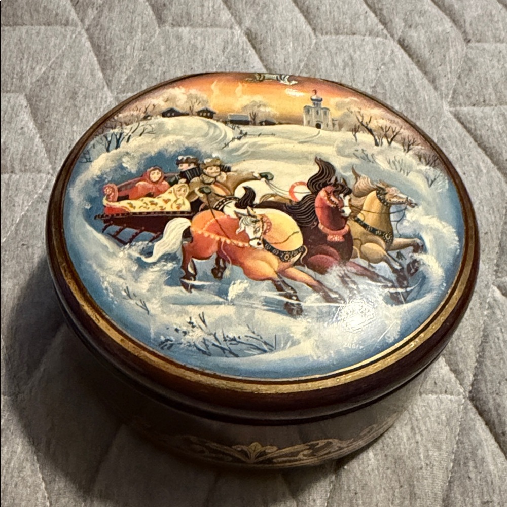 Decorative Round Box with Winter Scene
